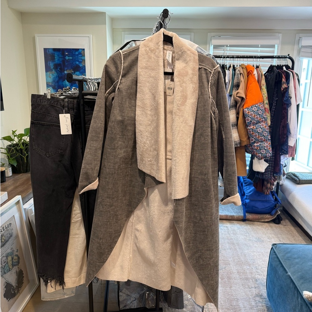 AMANDI Gray and Cream Open Front fur Coat